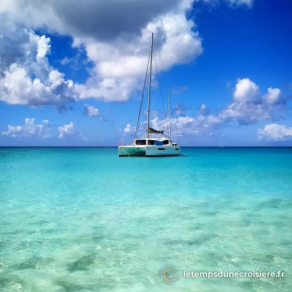 Un catamaran au mouillage sur une eau turquoise