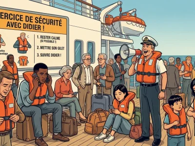 L'exercice de sécurité : 30 minutes debout en gilet orange, et Didier qui ne trouve pas son point de rassemblement