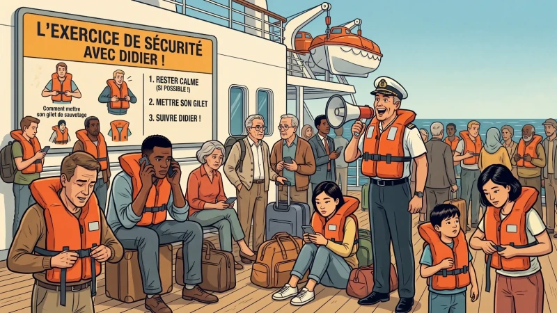 L'exercice de sécurité : 30 minutes debout en gilet orange, et Didier qui ne trouve pas son point de rassemblement